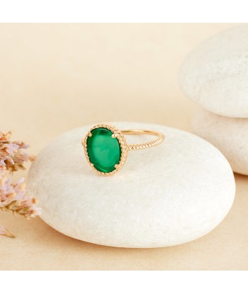 Bague perlée sertie d'Agate verte en plaqué or solde