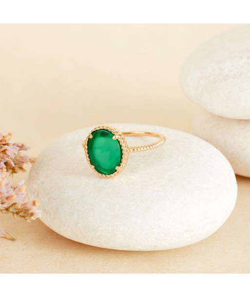 Bague perlée sertie d'Agate verte en plaqué or solde